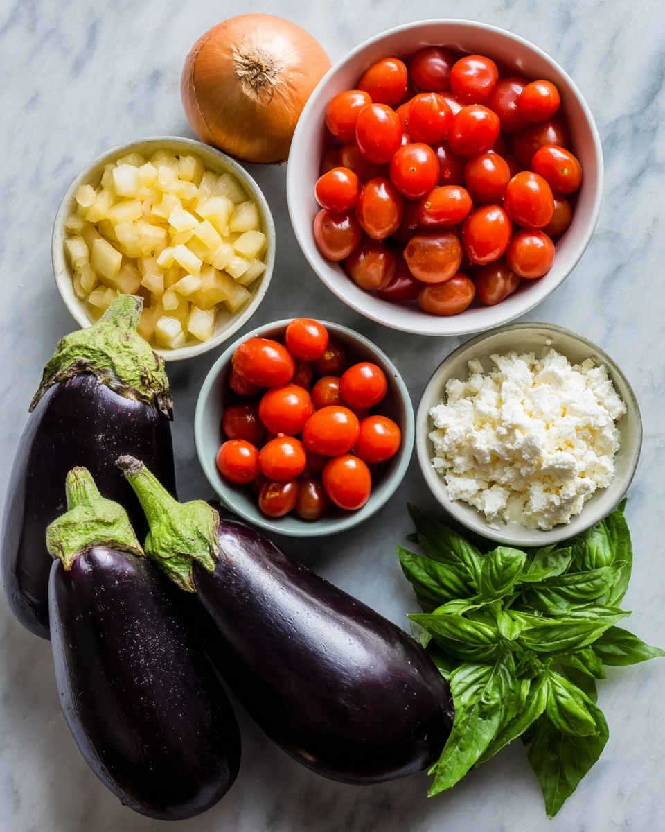 In a black pan, there is a one-layer mix of cooked small diced eggplants in dark purple, soft cooked small onions in light brown, and bright orange cherry tomatoes slightly cooked, scattered evenly around. On top of the dish, there is a sprinkling of white grated cheese and small bits of chopped green herbs. The pan is placed on a white marbled surface. Nearby, there are a few small wooden bowls containing additional cheese and green herbs. Photo taken with an iphone --ar 4:5 --v 7