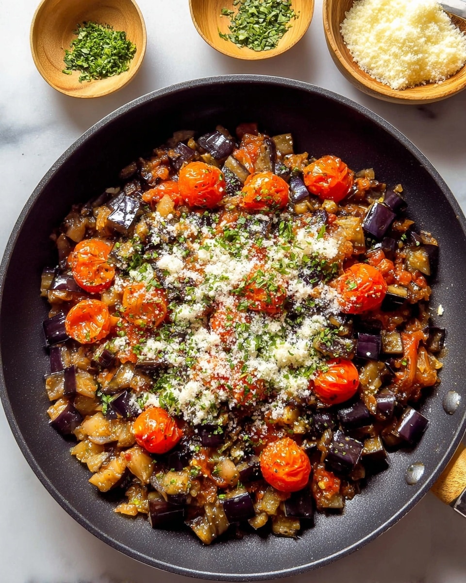 Two stuffed eggplants sit side by side on a large white plate with a light layer of olive oil around them. Each eggplant is halved lengthwise, with deep purple skin holding a generous filling; the first has a yellowish crumbly topping mixed with chopped green herbs, while the second is topped with a red sauce, crumbled white cheese, and sprinkled green herbs. In the background, on a white marbled surface, there are three bowls: one filled with a fresh salad of chopped green cucumbers and bright red tomatoes, another with fluffy yellow rice, and the third with a creamy white base topped with small round golden chickpeas and herbs. Part of some torn flatbread is visible in the lower right corner. Photo taken with an iphone --ar 4:5 --v 7