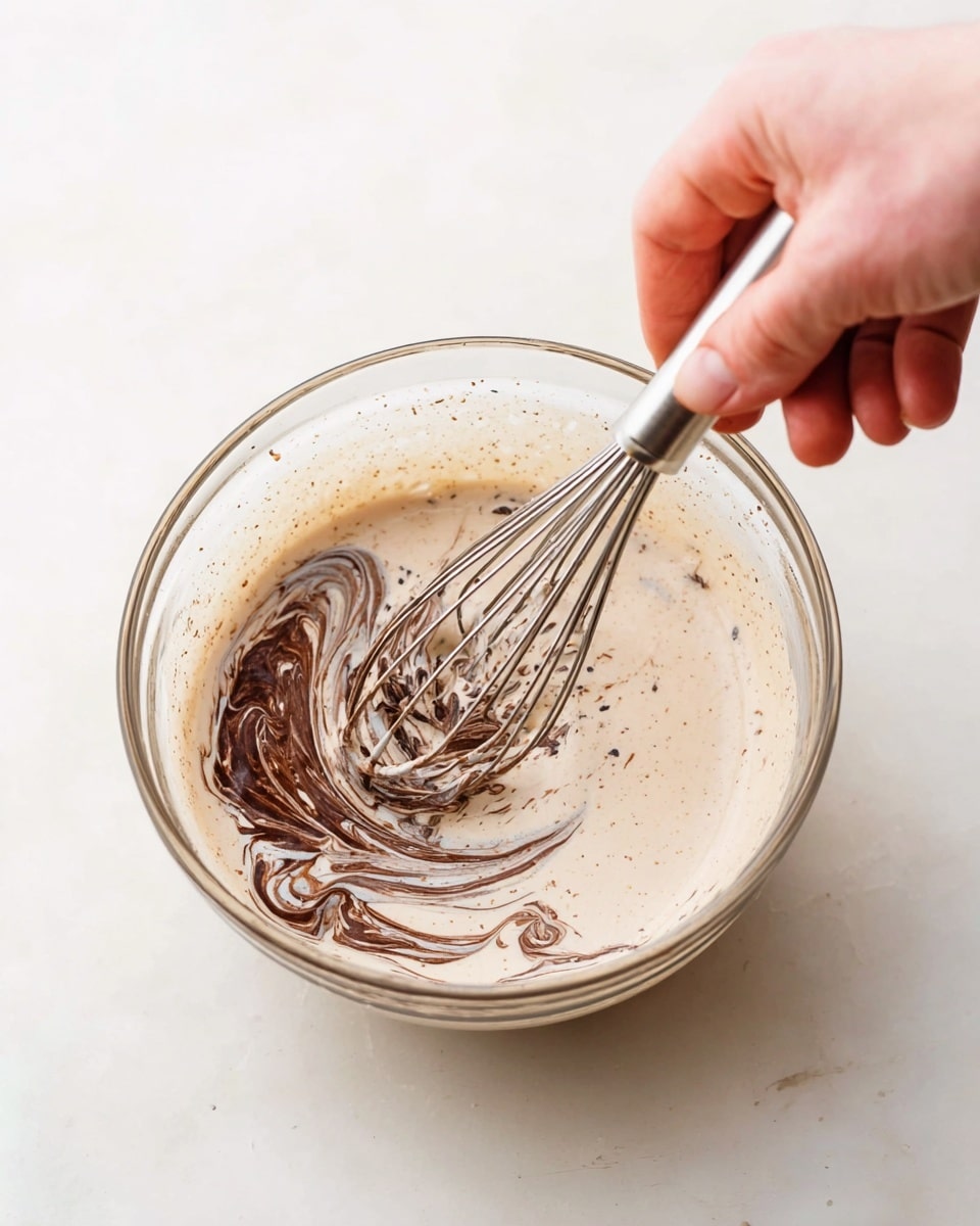 A close-up photo shows a woman's hand holding a metal whisk stirring a glass bowl with a light creamy mixture that has dark brown swirls mixing in. The glass bowl sits on a white marbled surface. The mixture looks smooth with soft swirls of chocolate being blended into a light beige base. photo taken with an iphone --ar 4:5 --v 7