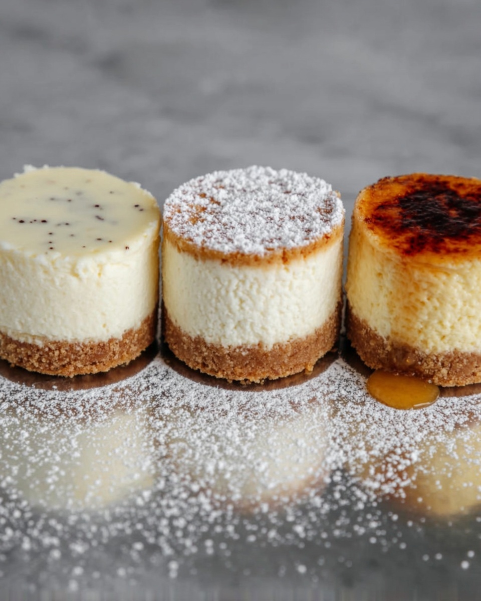 Three small round cheesecakes sit side by side on a shiny surface with a white marbled texture. Each cheesecake has two layers: a light brown crumbly base and a thick, creamy white top layer. The first cheesecake on the left has a smooth white top with tiny dark specks. The middle cheesecake's top layer is dusted with white powdered sugar, giving it a soft texture. The third cheesecake on the right is topped with a golden brown caramelized layer that looks slightly toasted, with some syrup dripping down the side. Light powdered sugar is scattered around the cheesecakes on the surface. Photo taken with an iphone --ar 4:5 --v 7