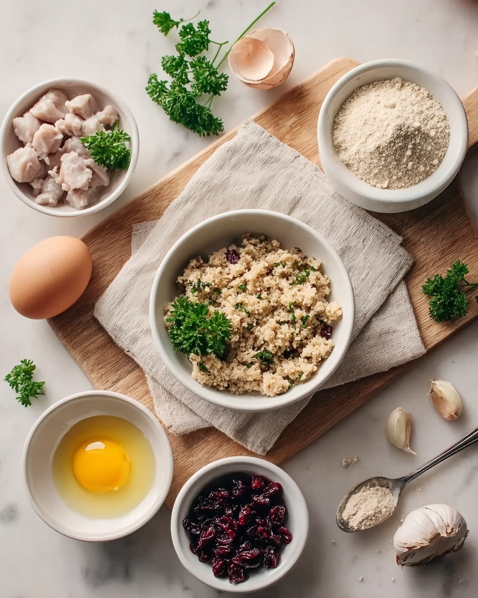 A top view image of several small white bowls arranged on a beige cloth over a wooden board on a white marbled surface. The central bowl contains a crumbly light brown mixture with green parsley leaves on top. To the left, another white bowl holds small chunks of pale meat with a parsley sprig. A small white dish below it has a bright yellow egg yolk. Two small white bowls near the bottom contain dark red cranberries and dark, almost black dried berries. To the right is a small bowl filled with a pale powder with a parsley sprig resting beside it. A silver spoon with some powder sits near the bottom right, and three cloves of garlic are close by. An uncracked brown egg and extra parsley sprigs lay casually around the setup. The overall tone is soft and natural with warm lighting. Photo taken with an iphone --ar 4:5 --v 7