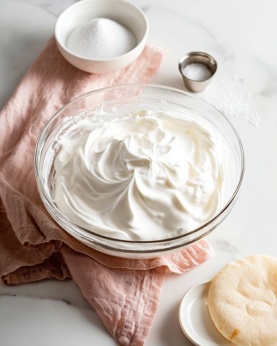 The image shows a large clear glass bowl filled with thick white whipped cream with soft folds and swirls, placed on a pale pink cloth on a white marbled surface. Above it, there is a small white bowl that is filled with fine white sugar. On the bottom right, a white plate holds a small silver container with a creamy substance beside a round beige flatbread. The setting is bright and clean with soft light. Photo taken with an iphone --ar 4:5 --v 7