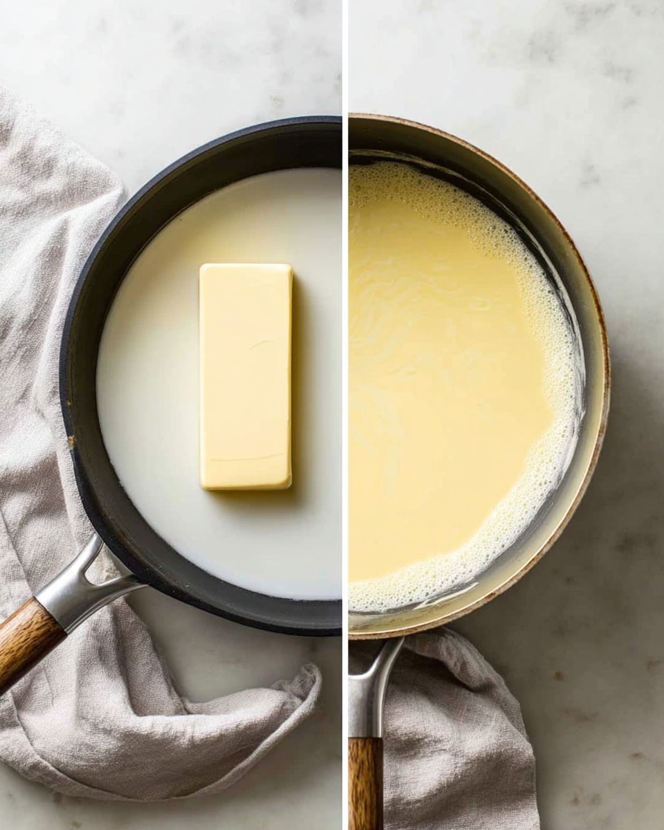 The first image shows a top view of a black cookware filled with peeled, chopped potato pieces that are pale yellow and arranged loosely inside. The second image shows the same black cookware with the potatoes now mashed into a soft, lump-filled yellow mash, with some creamy white liquid mixed in, and a metal potato masher pressing down on the mash. Both images have a beige textured surface underneath the cookware and a white cloth beside it, changed to a white marbled texture for the second image. photo taken with an iphone --ar 4:5 --v 7
