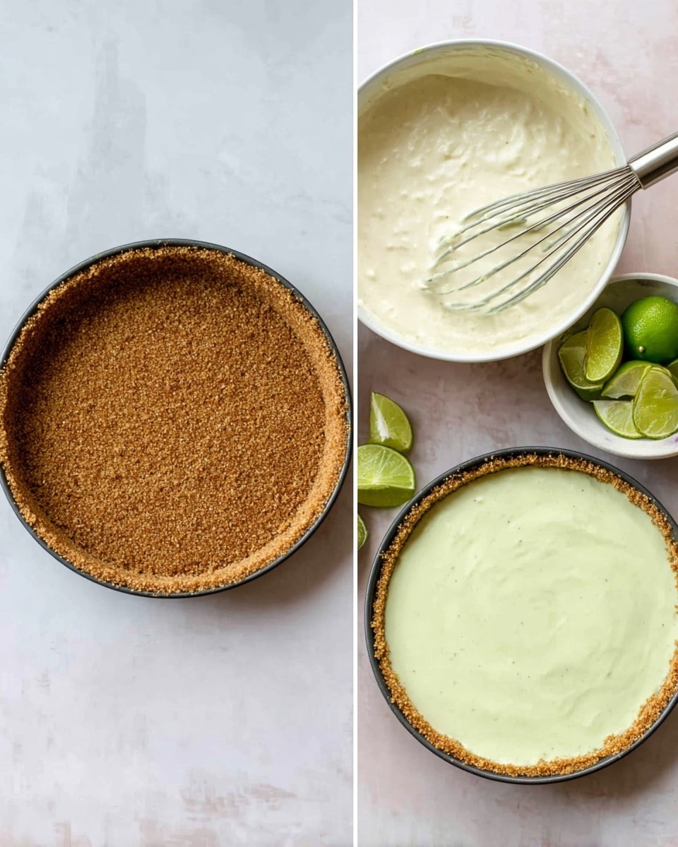 A pie with three visible layers starts with a crumbly golden-brown crust at the base and edges, holding a smooth pale yellow filling in the middle layer. On top, seven equal swirls of white whipped cream are placed evenly around the edge, with three lime slices arranged neatly in the center, two of them slightly curved upwards. The pie is in a dark pan, set on a white marbled surface with lime halves nearby, and two small golden forks resting above. Photo taken with an iphone --ar 4:5 --v 7