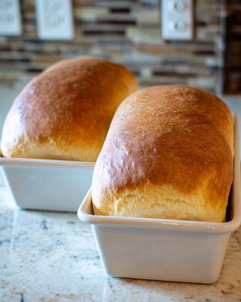 Two golden brown loaves of bread sit side by side in white bread pans on a white marbled surface. Each loaf rises above the edge of the pan with a smooth, slightly domed top that shows a soft, even texture. The bread crusts are light to medium brown, with no cracks or dark spots. The background is slightly blurred but shows a stone wall and an electrical outlet, adding a cozy kitchen feel. Photo taken with an iphone --ar 4:5 --v 7