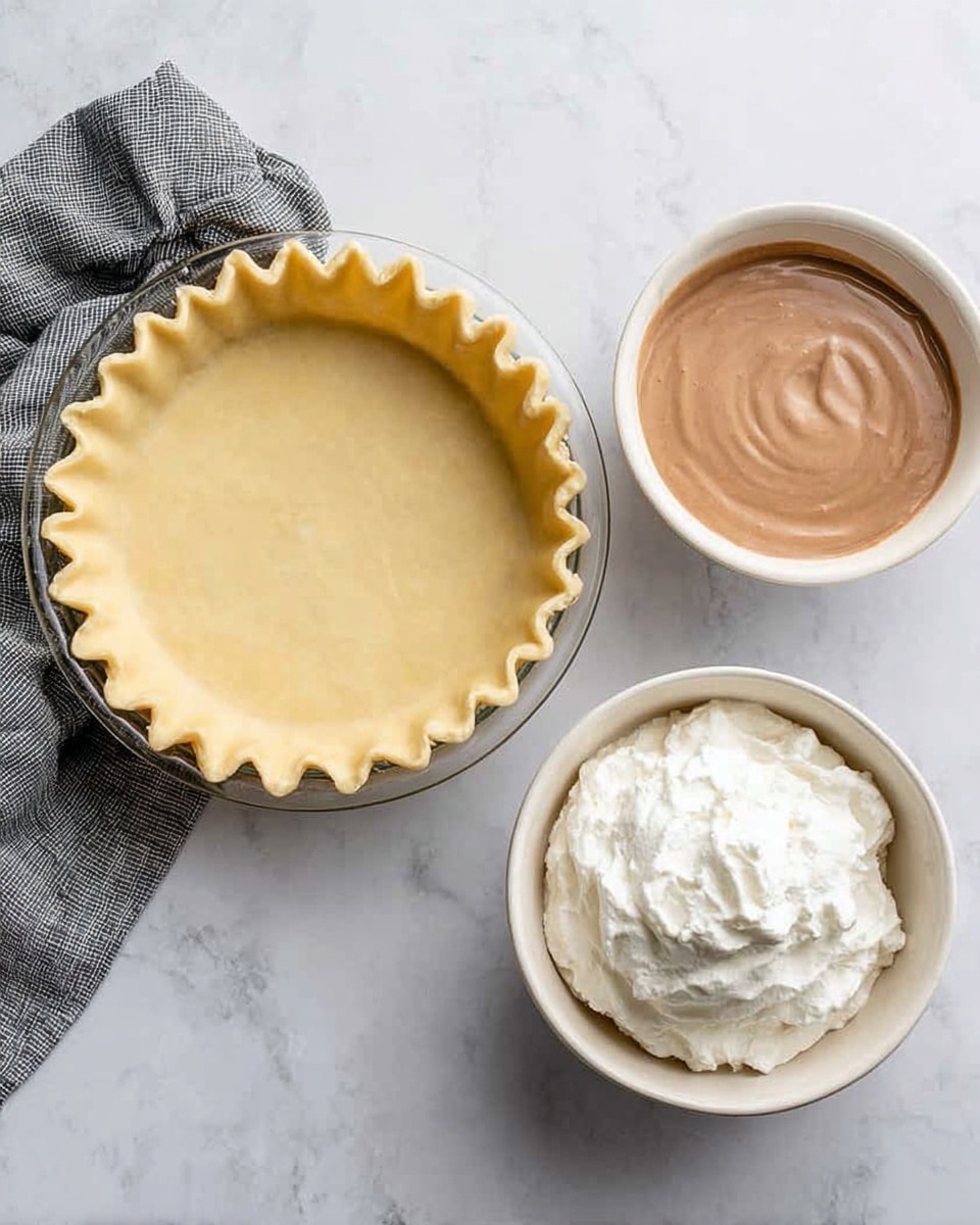 The image shows two side-by-side pictures on a white marbled surface. On the left, there is a clear glass pie dish filled with unbaked pale yellow pie crust evenly pressed inside with a crimped edge. A gray cloth is placed near the top left corner. On the right, two white ceramic bowls are stacked one above the other on the same white marbled surface; the top bowl contains smooth, light brown chocolate filling, and the bottom bowl holds a fluffy white whipped cream. The same gray cloth is placed near the upper left of the bowls. photo taken with an iphone --ar 4:5 --v 7
