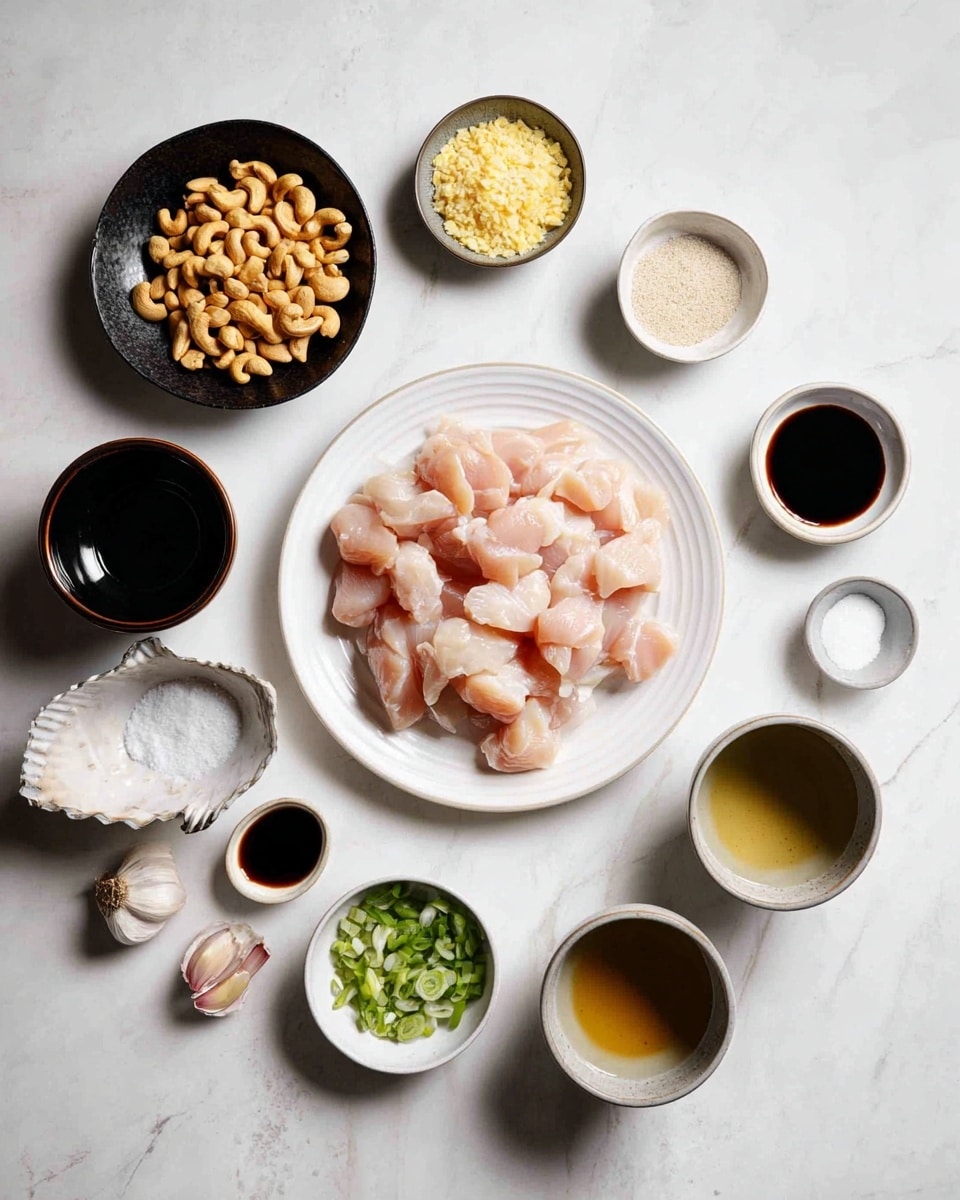The image shows a white plate filled with raw, light pink chicken pieces placed in the center on a white marbled surface. Around the plate, there are several small bowls and cups arranged neatly: a black bowl with golden-brown cashew nuts at the top left, a small bowl with finely chopped light yellow garlic next to it, and a white bowl with dark brown soy sauce at the top right. Below these, from left to right, there is a brown small bowl filled with white salt, a small bowl with white powder, a tiny bowl with light brown salt, and a black cup with a dark liquid. At the bottom left under the plate, there is a small cup with light yellow liquid next to a shell with crushed garlic, and a small white bowl with chopped light green scallions. To the right are two small metal cups with a pale yellow liquid and a darker brown sauce, all arranged neatly on the white marbled surface. photo taken with an iphone --ar 4:5 --v 7