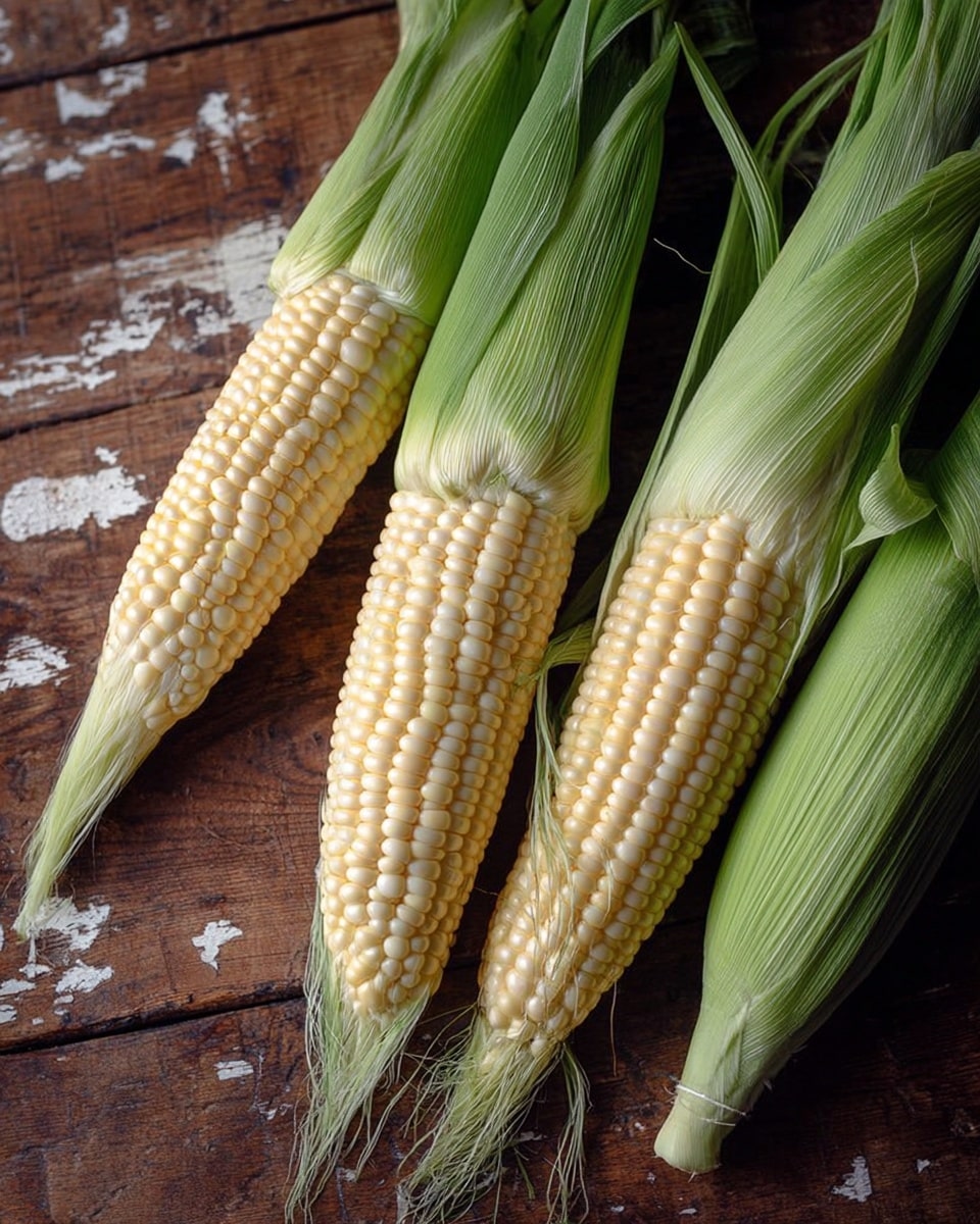 Four ears of fresh corn lie on a worn wooden surface, each partially or fully husked. The corn kernels are tightly packed, smooth, and pale yellow, with a shiny texture. The green husks are pulled back to expose the corn, with strands of silk still visible, light green and white in color, adding a delicate touch to the composition. The wooden background has a rustic brown tone with scratches and white marks, enhancing the natural feel. photo taken with an iphone --ar 4:5 --v 7
