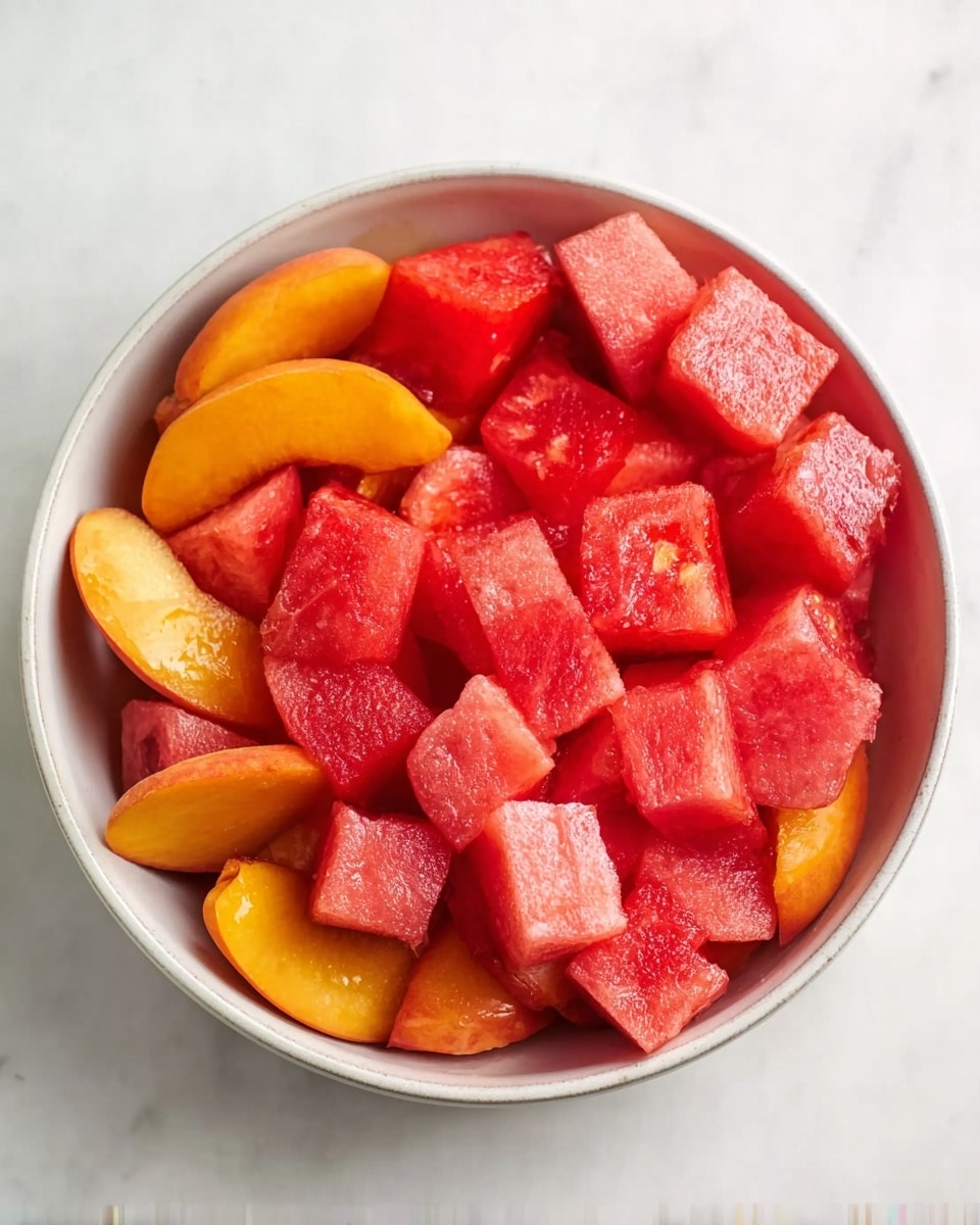 The image shows a juice extractor filled with two types of frozen fruit pieces. The bottom layer has irregularly shaped, bright orange pieces with a smooth texture, likely frozen peaches or apricots. On top of this layer, there is a layer of vibrant red, slightly icy cubes, which appear to be frozen watermelon chunks. The juice extractor is black with thin vertical slats around the container. The background is a white marbled surface. Photo taken with an iphone --ar 4:5 --v 7