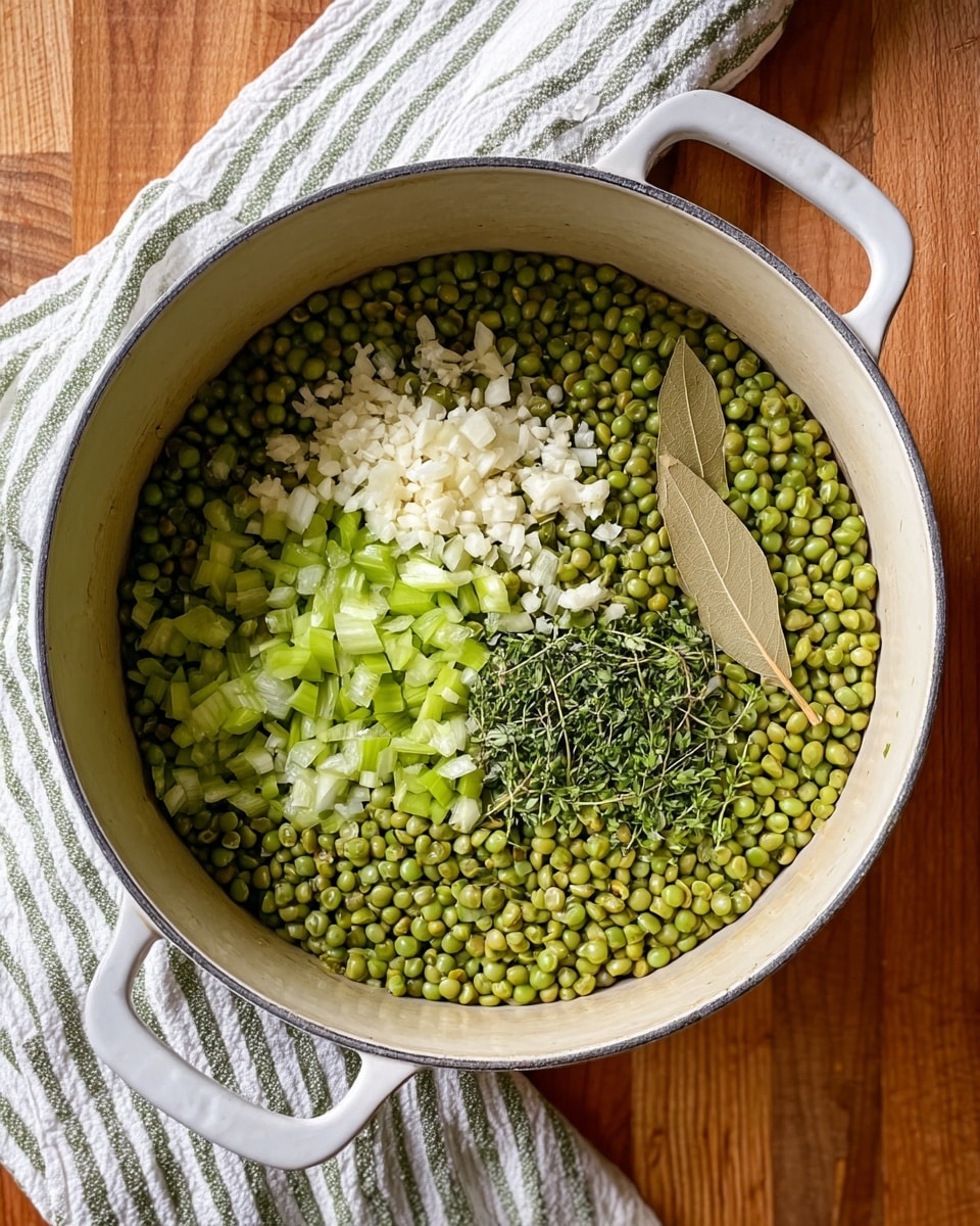 A white round pot with two side handles filled with a mix of small green split peas covering most of the bottom layer. On top to the left, there is a small pile of finely chopped white garlic. To the right, a light brown bay leaf rests on the peas, and below it is a small heap of finely chopped green herbs. Around the edges, there are light green diced pieces of celery and translucent chopped onions. The pot is placed on a wooden surface with a white and green striped towel nearby. photo taken with an iphone --ar 4:5 --v 7