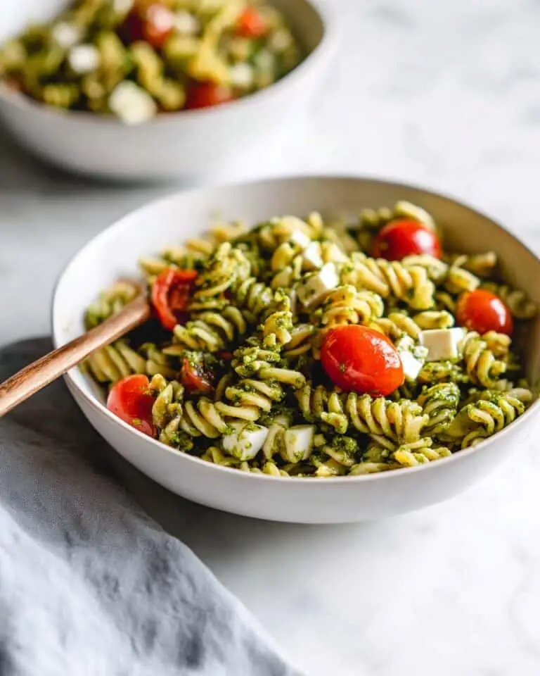 Pesto Pasta Salad with Cherry Tomatoes, Mozzarella, and Red Onion Recipe