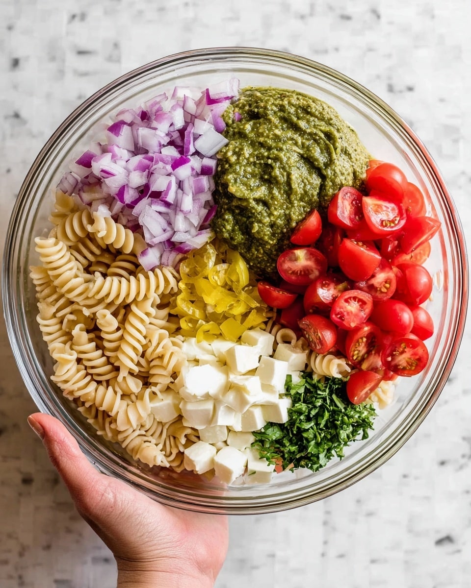 A clear glass bowl filled with six colorful layers of ingredients placed side by side in sections: light tan spiral pasta on the bottom left, finely chopped red onion in small purple and white pieces on the top left, a thick green pesto sauce with a smooth texture on the top right, bright red halved cherry tomatoes next to it, pale white small chunks of cheese in the center, bright yellow pickled pepper slices below the cheese, and finely chopped green herbs on the bottom right. A woman's hand is holding the bowl from the lower left side against a white marbled textured surface. Photo taken with an iphone --ar 4:5 --v 7