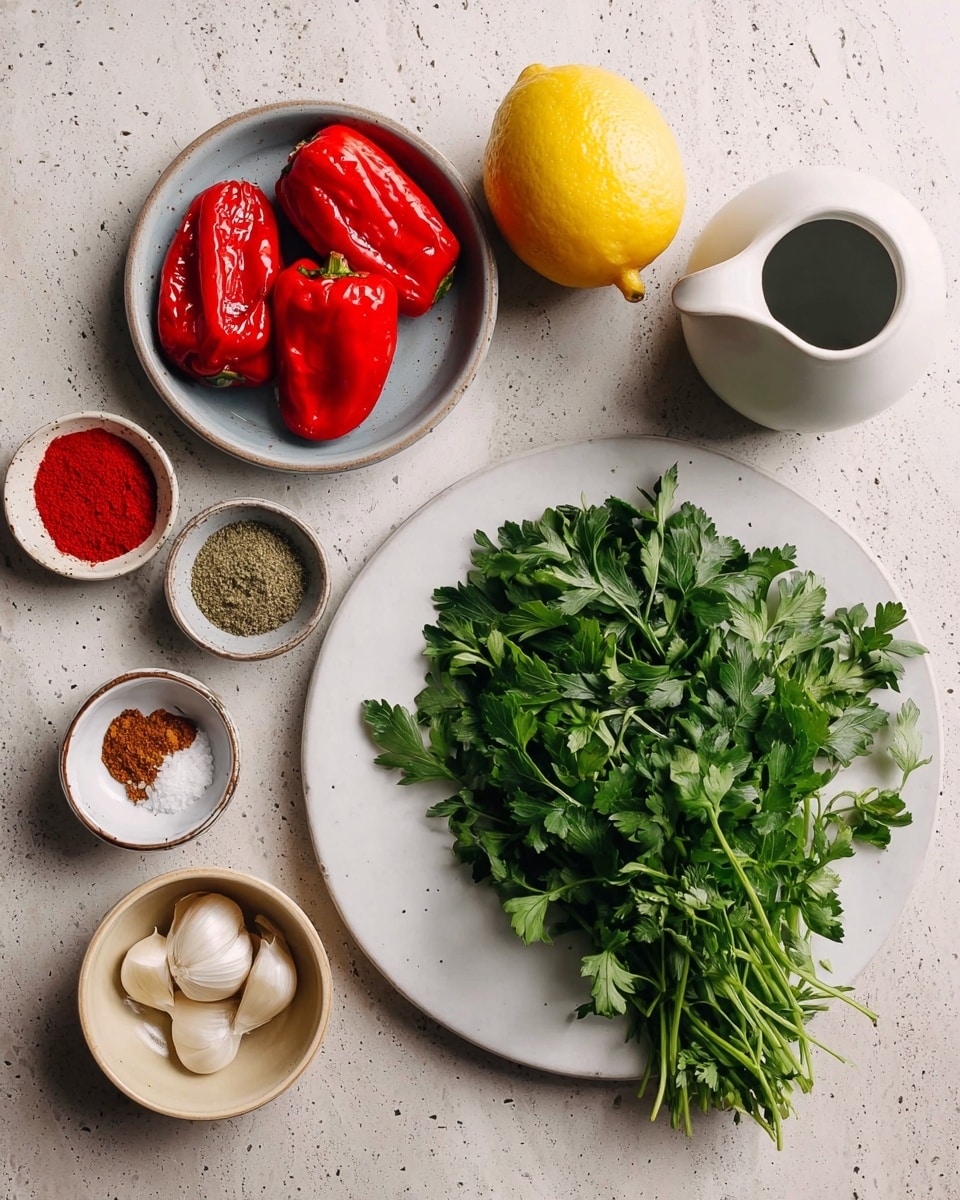 The image shows a collection of fresh ingredients arranged on a white marbled surface. At the center is a large white plate holding a bunch of green parsley and a small white bowl filled with fresh cilantro leaves. Above the plate, there is a whole bright yellow lemon and a white ceramic pitcher. To the left, a small white bowl contains three large red roasted peppers. Surrounding these are small bowls holding various spices: one with red powder, one with brown powder, another with a light brown powder, and a small bowl with coarse salt. At the bottom left, three peeled garlic cloves rest in a small beige bowl. The overall setup features simple, natural colors with a clean white plate, set against the white marbled surface, giving a fresh and organized look to the ingredients photo taken with an iphone --ar 4:5 --v 7