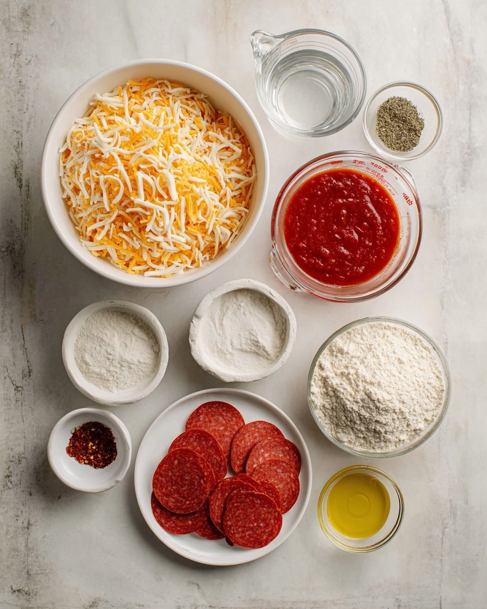 The image shows several white bowls and dishes arranged on a white marbled surface, each containing different ingredients for a recipe. One large white bowl is filled with shredded orange and white cheese, while a smaller white bowl holds red pizza sauce. Another clear measuring cup contains water. A white plate holds multiple slices of bright red pepperoni arranged neatly. Several small white bowls and dishes contain flour, olive oil, salt, dry yeast, mixed herbs, and chili flakes, all positioned around the main ingredients. The overall layout is clean, organized, and ready for cooking. photo taken with an iphone --ar 4:5 --v 7