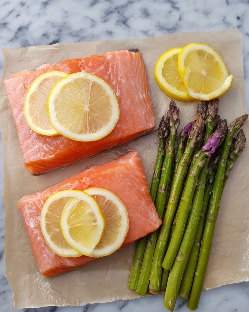 The image shows a white plate with a thick piece of salmon on top. The salmon has a shiny mustard seed crust that is yellowish and reddish brown, covering the top layer. Underneath the salmon is a layer of green asparagus spears, arranged in a bunch with their tips pointing outward. Around the salmon and asparagus, there are slices of bright yellow lemon placed on the white marbled surface. The whole dish sits on a clean white plate, with a soft-focused background that hints at a glass stem. Photo taken with an iphone --ar 4:5 --v 7