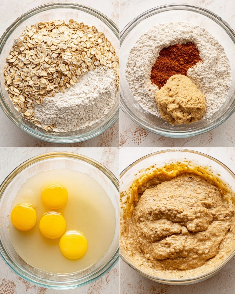 A dark metal muffin tray filled with twelve cupcakes in white paper liners, each cupcake topped with light brown oats and small sprinkles of cinnamon powder. The cupcake batter is a light beige color with a smooth texture, rising slightly in each mold. The tray sits on a white marbled textured surface, with faint cinnamon powder scattered around the tray edges. The focus is on the middle cupcakes, showing details of oats and the soft batter surface. Photo taken with an iphone --ar 4:5 --v 7