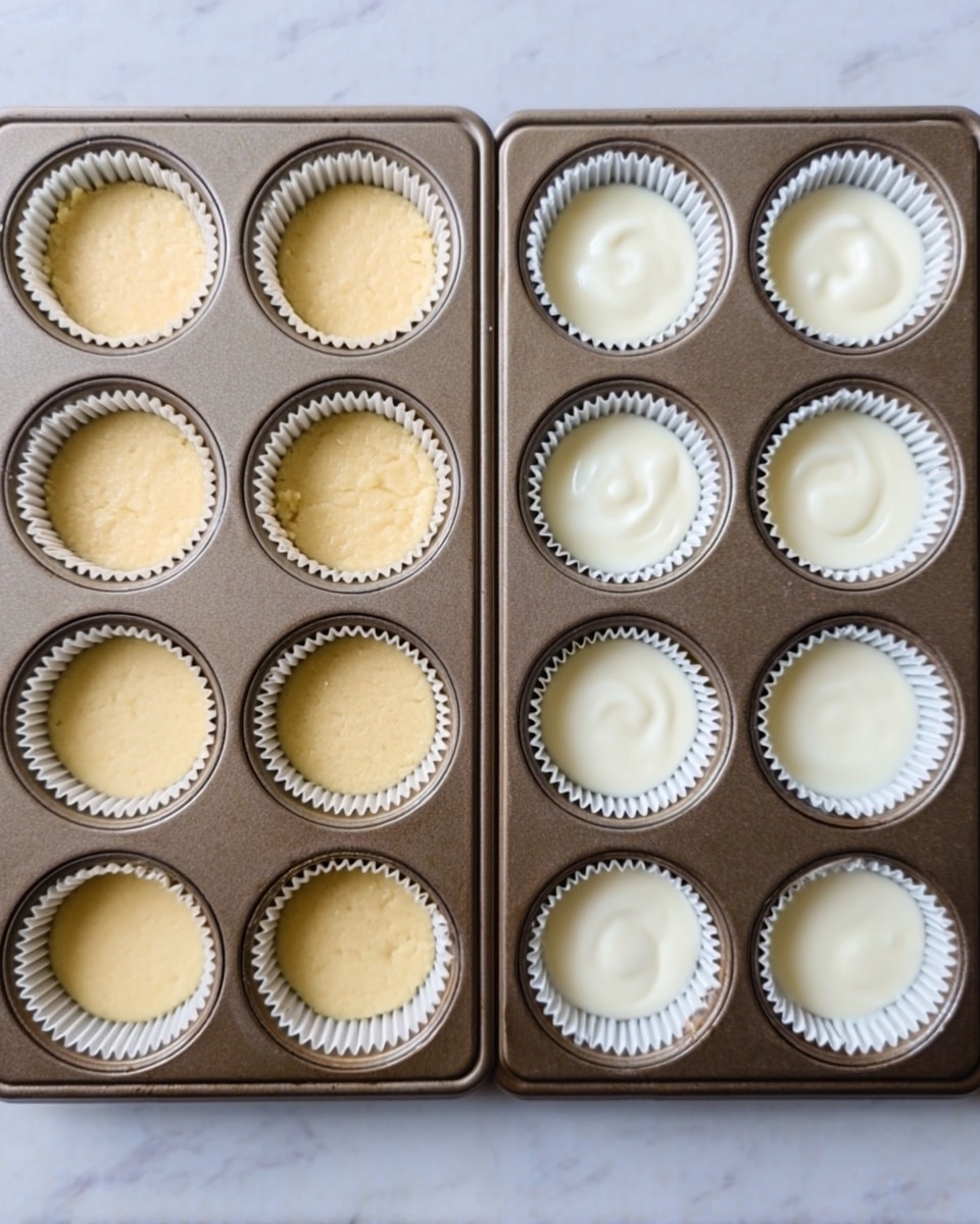 The image shows six small round lemon desserts on a white plate with a wooden rim, placed on a white marbled surface. Each dessert has three layers: a crumbly light brown base, a smooth pale yellow middle layer, and a swirl of white cream on top. On the cream, there is a thin lemon slice and a small green mint leaf. The background is softly blurred with whole lemons visible, adding a bright yellow contrast. The light is natural, coming from the left side, casting soft shadows. Photo taken with an iphone --ar 4:5 --v 7