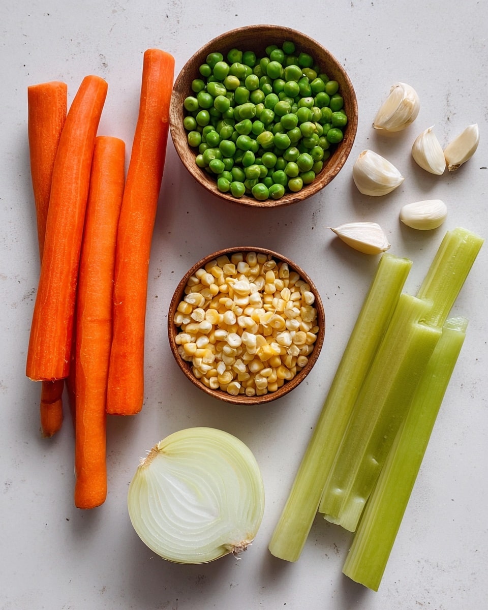 A close-up view of a white pot filled with thick yellow soup mixed with small orange carrot pieces, green peas, and bits of celery. On one side of the pot, a cluster of whole beige chickpeas rests on top of the soup, adding a rounded, smooth texture. A long wooden spoon with a rich brown color lies partially submerged in the soup on the right side. The pot sits on a white marbled surface, with part of a white cloth visible at the bottom right corner. photo taken with an iphone --ar 4:5 --v 7