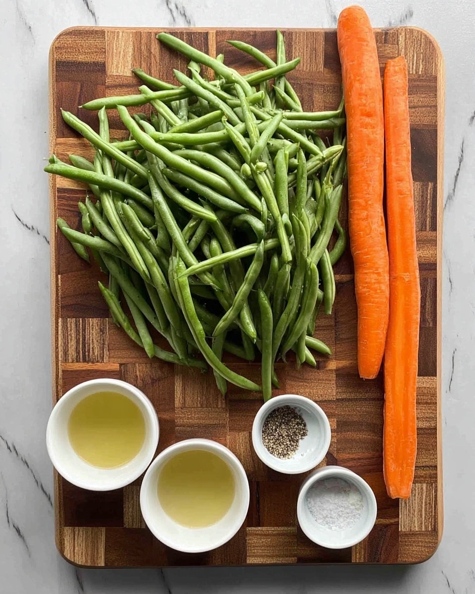 The image shows a baking tray covered with parchment paper on a white marbled surface, filled with two types of vegetables arranged in layers. The bottom layer consists of long, thin green beans scattered evenly across the tray, their texture slightly wrinkled and roasted. On top of the green beans are bright orange carrot sticks cut into thick rectangular shapes, also roasted with some specks of black seasoning visible on their surface. The vegetables are spread out with some carrot pieces overlapping the green beans, showing a mix of smooth and rough textures. The edges of the tray are visible, framing the scattered vegetables. Photo taken with an iphone --ar 4:5 --v 7