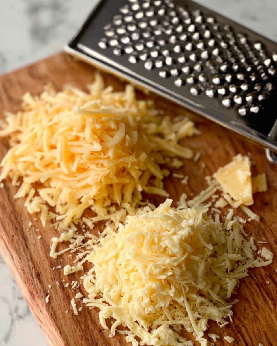 The image shows two small piles of shredded cheese placed on a wooden cutting board. One pile is made of a light yellow cheese with wider, longer shreds, while the other pile is a paler yellow cheese with finer, thinner shreds. Next to the cheese piles, there is a metal grater with a black handle, its surface showing small bits of cheese stuck to it. The background is a white marbled texture. Photo taken with an iphone --ar 4:5 --v 7