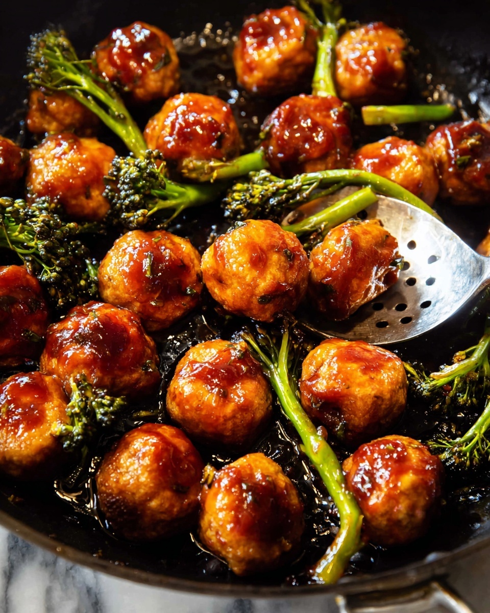 This image shows a close-up of a black skillet filled with about 18 round golden-brown meatballs glazed with a shiny, sticky reddish-brown sauce. Interspersed among the meatballs are bright green broccolini stalks with darker florets. Some meatballs show a bit of texture and small bits of seasoning. The skillet's dark color contrasts with the vivid colors of the meatballs and broccolini, with light reflecting off the glossy sauce. A large metal spoon with holes can be seen partially lifting some meatballs near the top right. The background is a white marbled texture. photo taken with an iphone --ar 4:5 --v 7