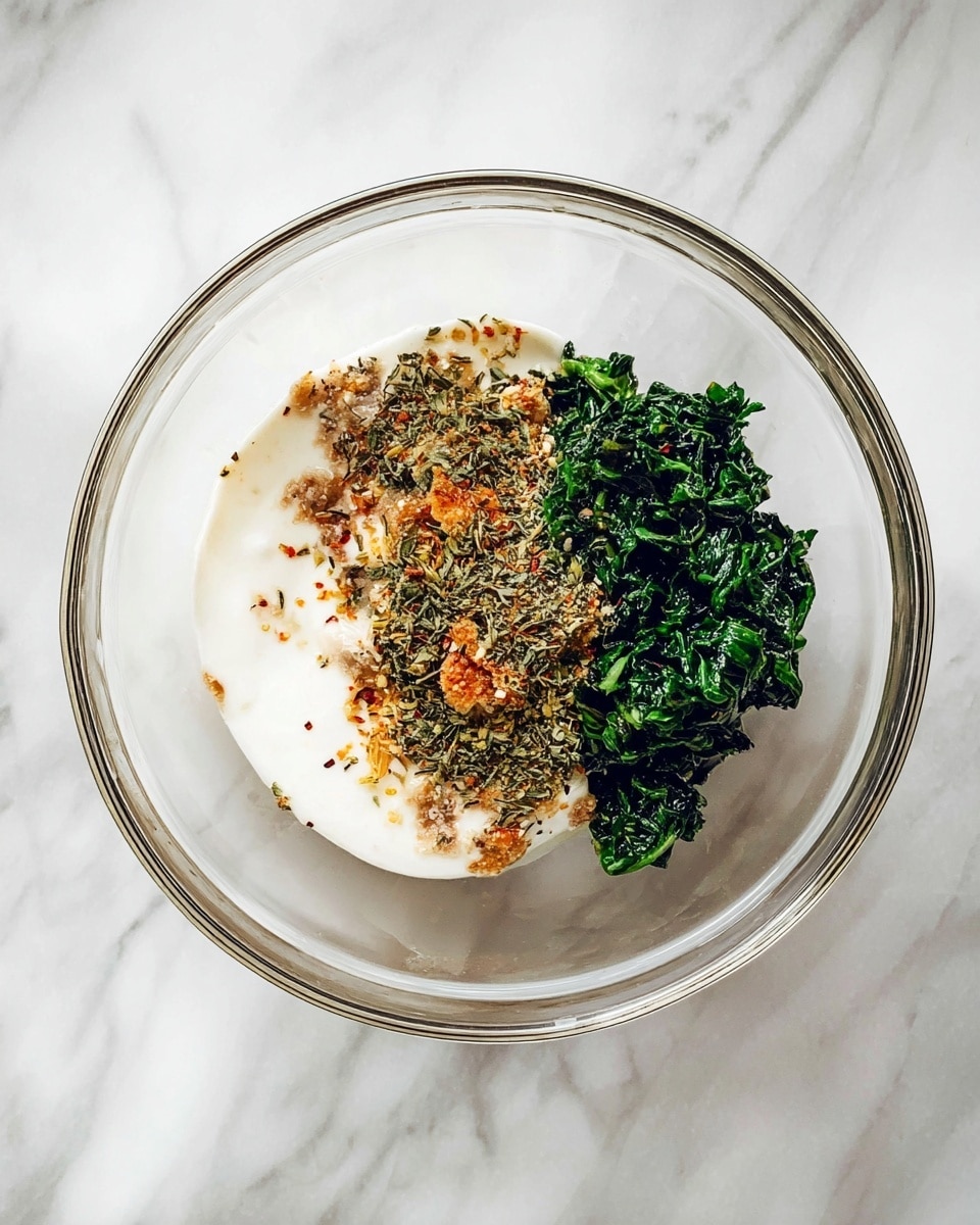 A clear glass bowl sits on a white marbled surface, containing three main layers arranged side by side in the center. On the left is a smooth, white creamy base with a sprinkle of multi-colored dried herbs and spices. Next to it on the right is a mound of dark green leafy chopped spinach with a slightly rough texture. The dried herbs, which include bits of orange, green, and brown, rest on top of both the creamy base and spinach, adding a speckled texture and color contrast. Photo taken with an iphone --ar 4:5 --v 7