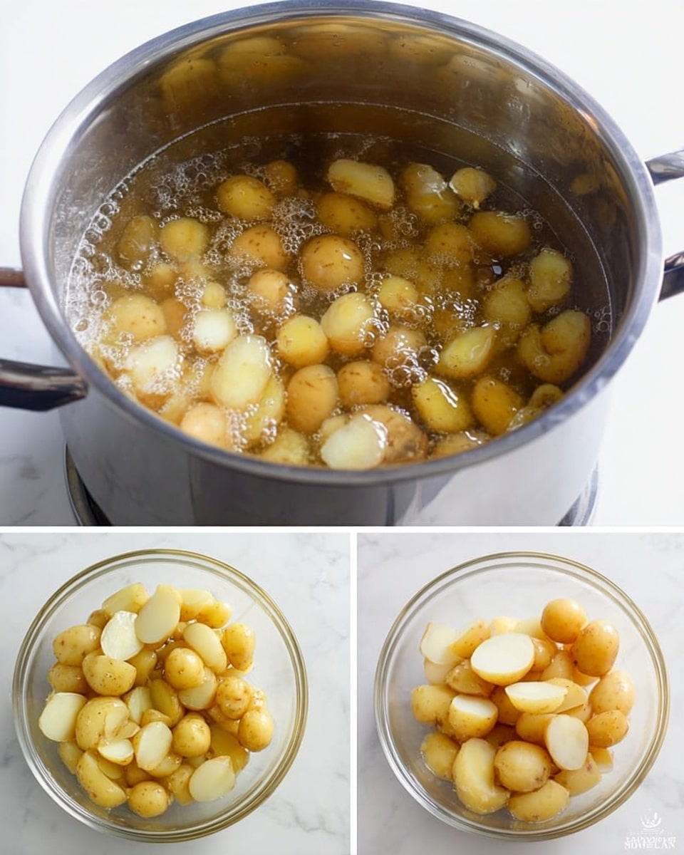 The image shows three clear glass bowls on a white marbled surface, each with different layers of ingredients. The first bowl contains neatly separated small piles of chopped dark olives, crumbly white cheese, finely chopped green herbs, finely chopped light green onions, and finely chopped purple onions. The second bowl shows small, light golden potato pieces with soft, smooth texture filling the bowl. The third bowl features all the ingredients from the first two bowls mixed together, showing the light golden potato pieces combined with dark olives, white crumbled cheese, green herbs, and bits of onions all coated lightly in dressing, creating a colorful mix. Photo taken with an iphone --ar 4:5 --v 7