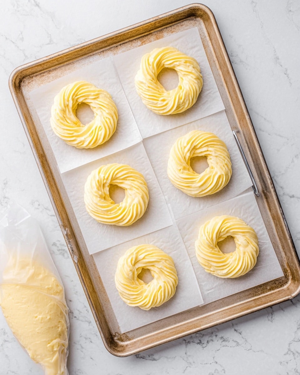 A baking tray holds five round raw dough rings, each on its own square piece of white parchment paper. The dough is light yellow, thick, and smooth, piped in a swirl pattern with ridged edges forming a textured, circular shape with a hole in the center. In the bottom left corner of the tray, there is a piping bag filled with the same dough, lying on more white parchment paper squares. The tray is set on a white marbled surface, and the overall look is bright and clean. photo taken with an iphone --ar 4:5 --v 7