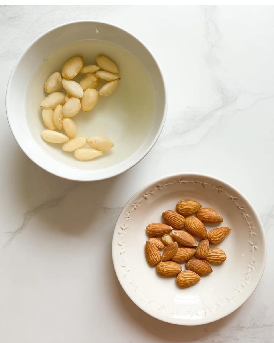 The image shows two white bowls with metal rims on a white marbled surface. The bowl on the left contains a white liquid with small bubbles on the surface, while the bowl on the right holds a yellowish liquid with a smooth texture and some tiny specks throughout. Both bowls are viewed from above and have a simple, clean look. Photo taken with an iphone --ar 4:5 --v 7