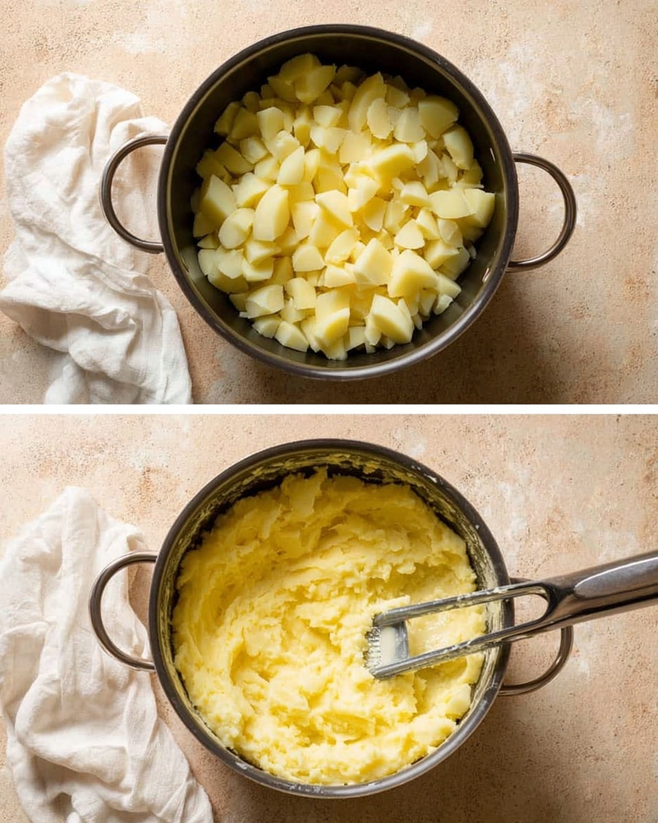 A round bowl with a speckled beige color holds one thick layer of creamy mashed potatoes that are smooth and pale yellow. The potatoes are topped with melted butter pools spread unevenly on top, giving a shiny golden look. Chopped green herbs are sprinkled all over the surface along with a light dusting of coarse black pepper. A wooden spoon rests inside the bowl, appearing to scoop some of the potatoes. The bowl is on a white marbled surface with a grey cloth partially visible near the lower edge. Photo taken with an iphone --ar 4:5 --v 7