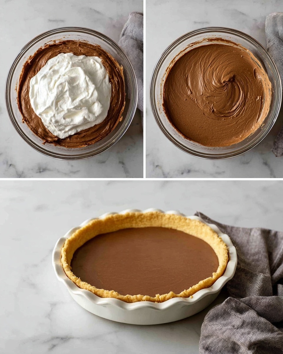 The first image shows a clear glass mixing bowl on a white marbled surface, with a grey cloth nearby; inside the bowl, there is a thick brown mixture topped with a dollop of white whipped cream. The second image shows the same bowl with the brown mixture fully blended into a smooth, creamy chocolate-colored batter. The third image shows a white pie dish on the same white marbled surface, filled evenly with the smooth chocolate filling, its edges showing a golden-brown flaky crust; a grey cloth is partially visible next to the dish. Photo taken with an iphone --ar 4:5 --v 7