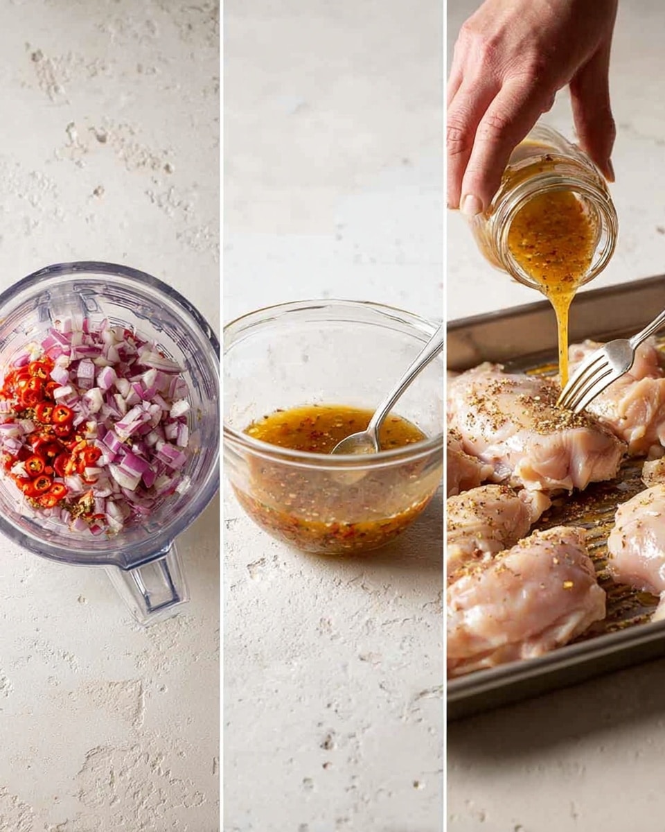 The image shows three parts arranged side by side. On the left, a clear food processor bowl filled with chopped red onions, red peppers, and spices over a textured white marbled surface. In the middle, a clear glass measuring cup with a golden sauce being poured into it from a glass jar, also on a white marbled surface. On the right, a metal baking tray with several pieces of raw seasoned chicken placed on a white marbled surface, as a woman's hand holds a fork pressing lightly into one piece. photo taken with an iphone --ar 4:5 --v 7