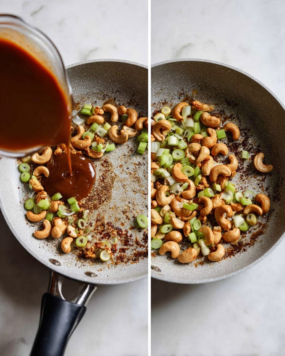 A light gray pan with a black handle sits on a white marbled surface, containing a mix of toasted golden-brown cashews and sliced pale green scallions with bits of browned residue on the pan's surface. In the next image, a reddish-brown sauce is being poured into the pan from a smaller container, partially covering the cashews and scallions, creating a glossy layer over the ingredients. photo taken with an iphone --ar 4:5 --v 7