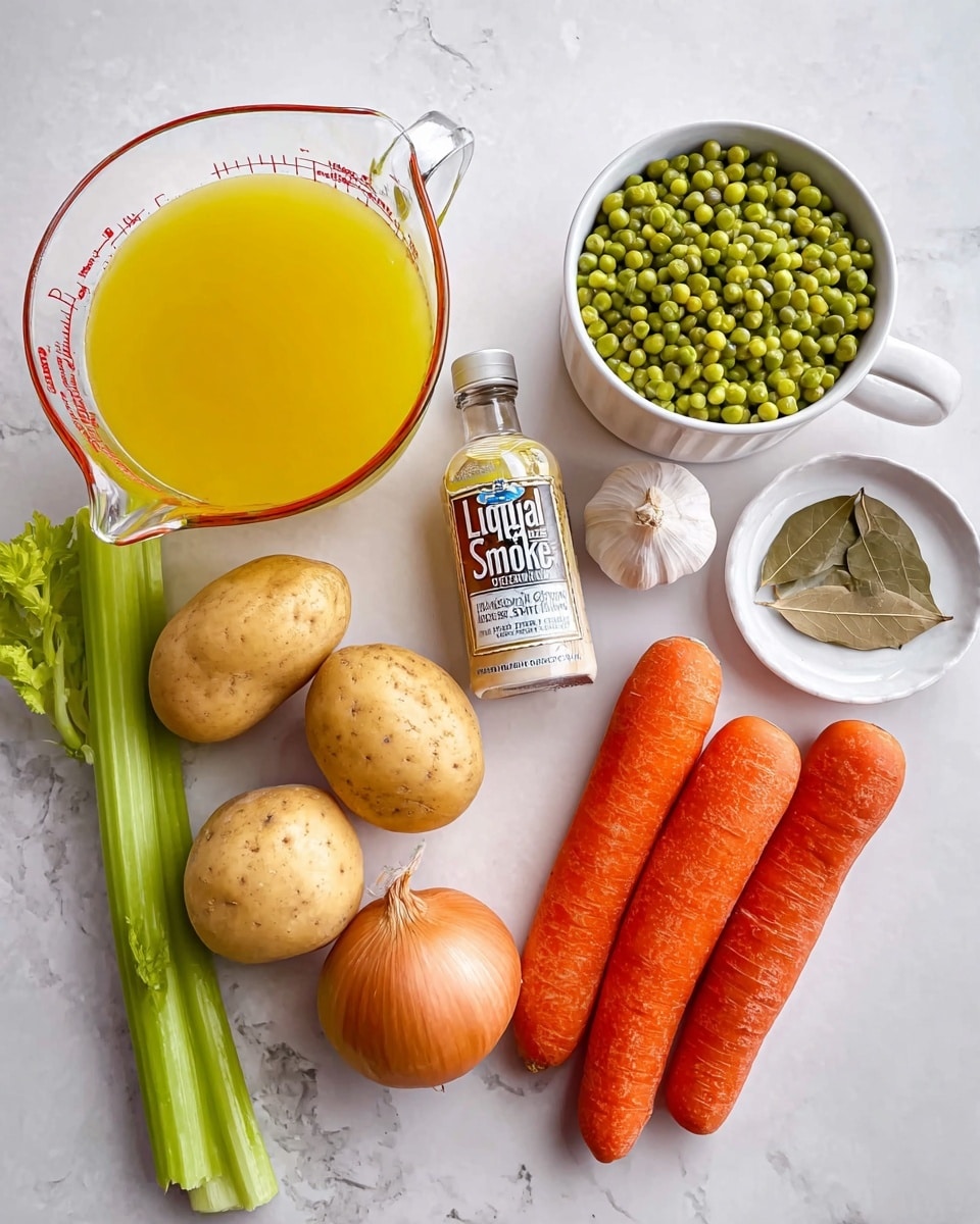 A clear glass measuring cup filled with bright yellow broth sits on the left, next to two green celery stalks. Below the broth is a white mug filled to the top with split green peas. Two light brown potatoes and one round yellow onion rest in front of the mug. To the right, two orange carrots lie side by side, with a small white dish holding two brown bay leaves above them, and a whole white garlic bulb beside the carrots. A small white bottle labeled