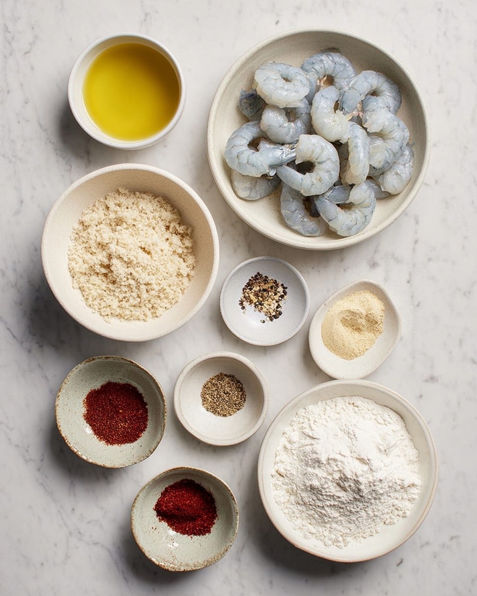 The image shows nine small white bowls arranged on a white marbled surface. In the top right, one bowl is filled with raw shrimp that are light grey and curled. To its left is a bowl with a pale yellow liquid, likely oil. Below these, on the left, there is a bowl full of light beige breadcrumbs with a coarse texture. Next to it are five smaller bowls containing various spices: one has light brown granules, another a deep red powder, the third a mix of white salt and black pepper, the fourth deep reddish brown powder, and the fifth a small amount of light yellow powder. On the bottom right, there is a white bowl filled with white flour. photo taken with an iphone --ar 4:5 --v 7