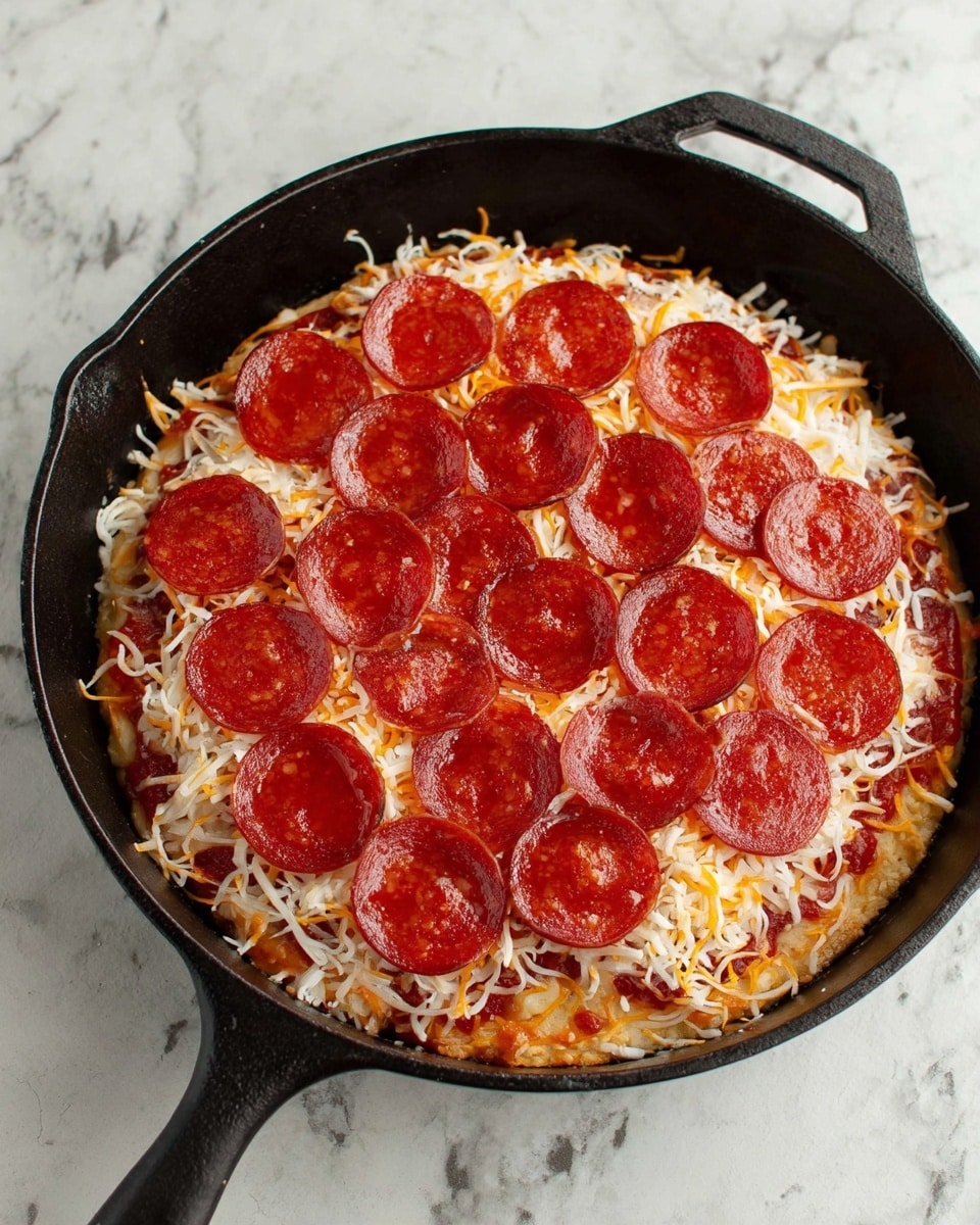 The image shows a pizza in a black cast iron pan placed on a white marbled surface. The pizza has three layers: the bottom layer is a golden-brown crust, the middle layer is a mix of shredded white and yellow cheese scattered evenly, and the top layer is a tight arrangement of round, dark red pepperoni slices covering most of the pizza. Some sauce is visible under the cheese near the edges. The photo is taken with an iphone --ar 4:5 --v 7