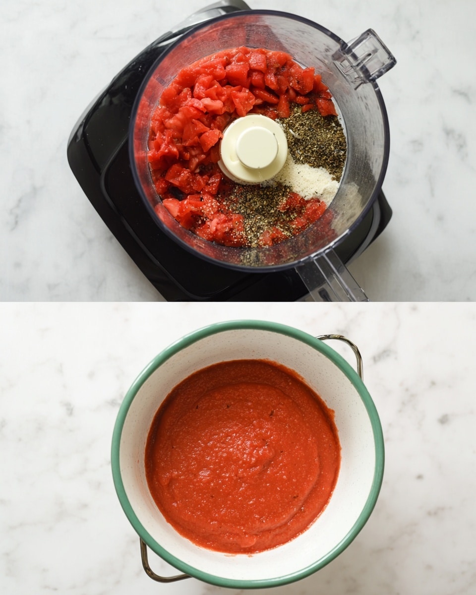The image shows a clear glass jar filled with a thick, red tomato sauce that has visible small chunks and specks of herbs. The sauce fills the jar almost to the top, and the jar is placed on a wooden surface. In the background, there is some blurred green leafy vegetables, and part of a blue-and-white striped cloth can be seen on the left side. The scene is simple and bright with a natural look. Photo taken with an iphone --ar 4:5 --v 7