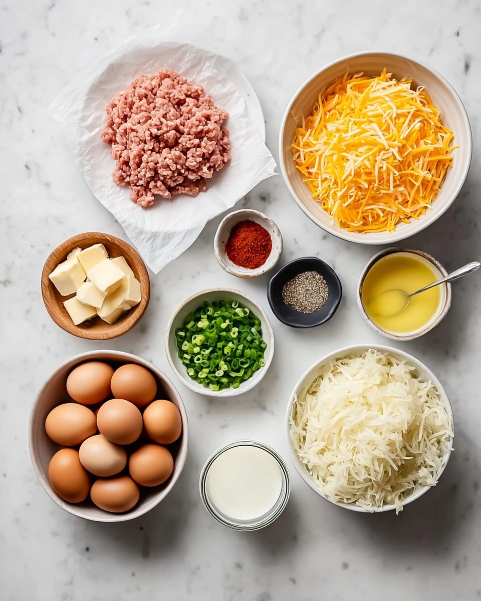 A top view of many ingredients arranged on a white marbled surface. In the center, a white bowl holds ten brown eggs. To the left, there is a pile of light pink ground meat placed on a piece of white parchment paper. Above it, a white bowl filled with shredded orange cheese, next to it a small wooden bowl with ground black pepper and a small black bowl with coarse salt. Below, a small white bowl with red spice powder. On the right side, a white bowl holds chopped green onions, next to it a small white bowl with melted yellow butter and a small glass jar of white liquid cream. Below them, a white bowl filled with shredded white hash browns. All ingredients are neatly placed, with clear colors and textures. photo taken with an iphone --ar 4:5 --v 7