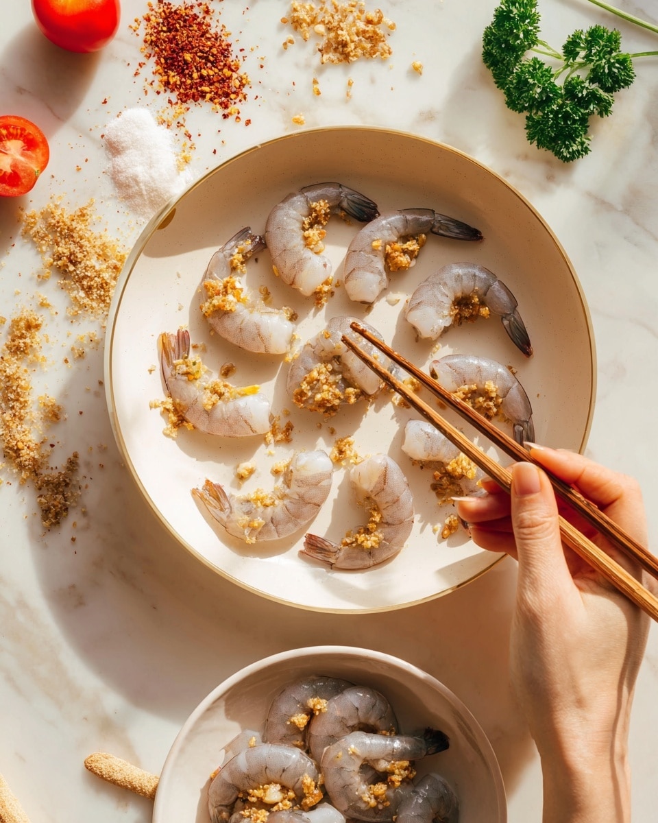 A white pan on a white marbled surface contains nine raw shrimp spread out in a circle, surrounded and topped with small golden-brown bits of sautéed garlic. A woman's hand holding wooden chopsticks is picking up one shrimp from the pan. Below the pan is a white bowl with several raw shrimp inside, all grayish and slightly translucent. Around the scene are small piles of salt and red spice, a sprig of green parsley, and two small red tomatoes. The setting has warm lighting that enhances the golden color of the garlic photo taken with an iphone --ar 4:5 --v 7