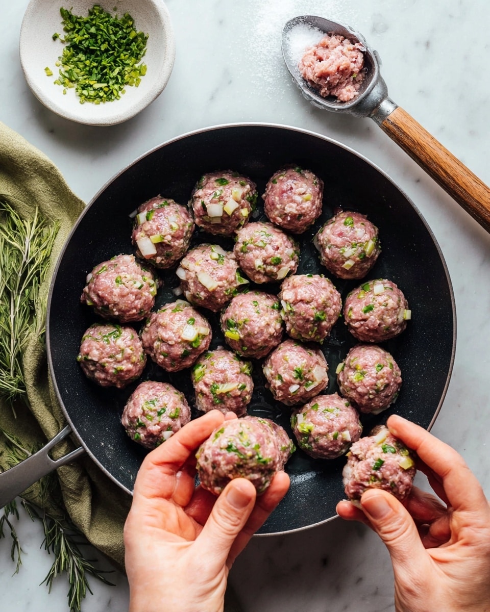 A black cast iron pan filled with 19 round meatballs, each golden brown with visible green herbs and small pieces of vegetables inside, arranged closely but not touching. A wooden spoon in the pan holds one meatball, showing its textured surface. Around the pan, there is a small white bowl with yellow olive oil, wooden salt container with white salt crystals, and a blue ceramic dish holding fresh sprigs of green herbs. The background is a white marbled texture with scattered green herb leaves. Photo taken with an iphone --ar 4:5 --v 7