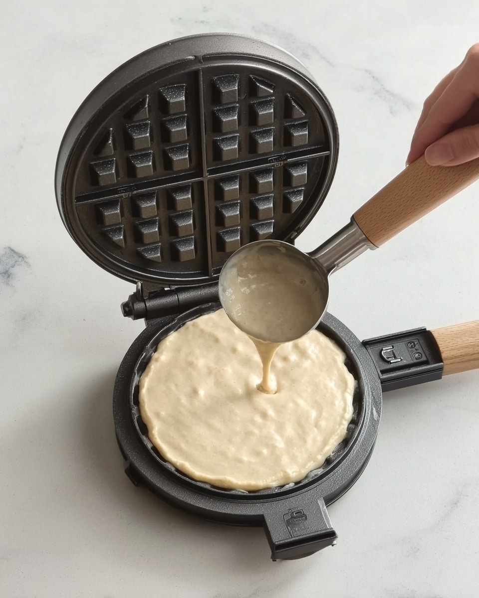 A round waffle is cut into four quarters, with two quarters stacked on top of the bottom two, all placed on a white speckled plate. The waffle is golden brown with a crisp texture and deep square patterns. Two dollops of white butter sit on the stacked quarters, melting slightly. Amber syrup is drizzled over the waffle pieces and pools around the edges of the plate. The plate is set on a white marbled surface. photo taken with an iphone --ar 4:5 --v 7