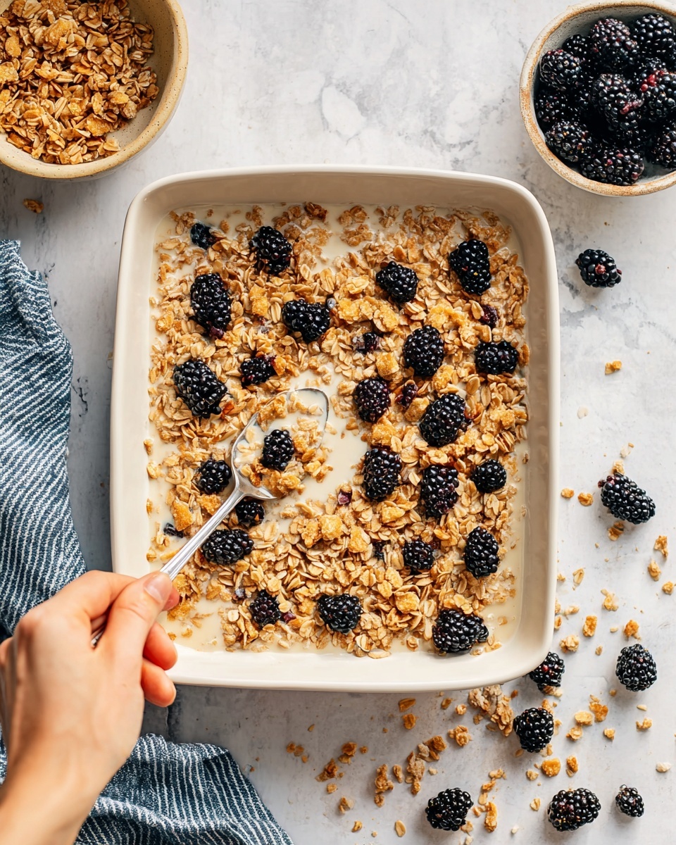 The image shows a square piece of oat and berry crumble placed on a white plate with ridged edges. The crumble has three visible layers: a soft pinkish-red mixed berry base with some visible berry pieces, a thick middle layer of mixed oats and crumbly texture in golden brown, and on top, a few whole blackberries adding dark purple color and smooth texture. A white pitcher is seen pouring golden honey over the blackberries and crumble, creating shiny drips down the sides. A silver fork rests on the right side of the plate. In the background, there is a white bowl filled with blackberries and a white baking dish holding the remaining crumble, all set upon a white marbled surface. photo taken with an iphone --ar 4:5 --v 7