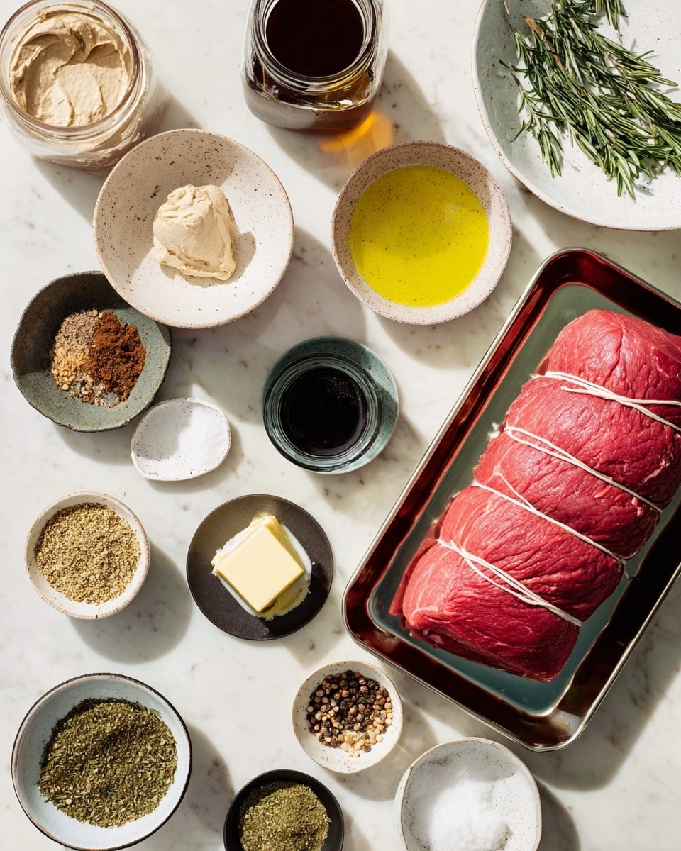 The dish shows two slices of cooked beef with a brown crust and pink center on the left side of a white plate. A creamy white sauce with green herbs is drizzled over the beef. On the right side, there are bright green steamed broccolini stalks placed close together. At the bottom right, there is a serving of creamy mashed potatoes with a few drops of golden melted butter and a sprinkle of black pepper, topped with a small green herb. A sprig of fresh green rosemary lies near the beef on the bottom left side of the plate. The plate sits on a white marbled surface with a cream-colored sauce pitcher nearby and part of another plate of beef in the background. Photo taken with an iphone --ar 4:5 --v 7