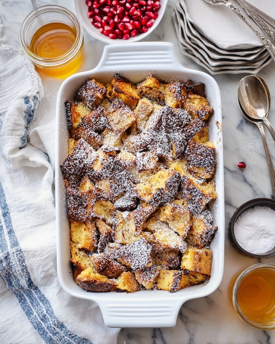 A white decorative plate holds a single slice of bread pudding with a golden brown, slightly crisp top layer and softer, lighter beige inside pieces. The bread pudding is sprinkled with white powdered sugar and topped with bright red pomegranate seeds that add vibrant color. A silver fork rests on the plate next to the dessert. The plate sits on a white marbled surface with a white cloth partially visible at the bottom right. In the background, there is a glass jar with amber liquid and a spoon inside, and a white bowl filled with more pomegranate seeds. photo taken with an iphone --ar 4:5 --v 7