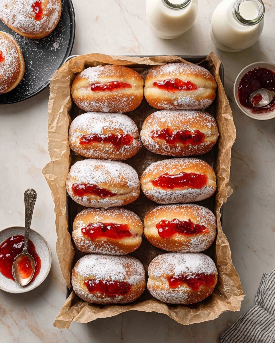The image shows two stacked donut halves on a white plate with small brown spots, placed on a white marbled surface. Each donut half has a light golden brown outer crust with a soft, airy interior that looks fluffy and light. The filling is a dark red fruit jam, oozing thickly from the middle of both halves, showing a glossy and textured surface. The top donut half leans on the bottom half with the jam exposed clearly. The donuts appear dusted lightly with sugar crystals, adding a slight sparkle on the crust. Photo taken with an iphone --ar 4:5 --v 7