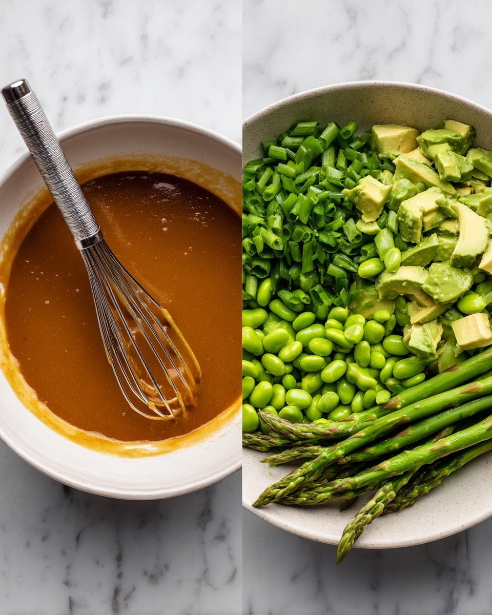 The image shows two bowls side by side on a white marbled surface. On the left, a white bowl holds a smooth brown sauce, with a silver whisk resting inside, partially coated with the sauce. On the right, a white bowl is filled with fresh green ingredients arranged in separate sections: bright green chopped scallions at the top, light green edamame beans to the left, chunky pale green avocado pieces on the top right, and vibrant green asparagus spears placed diagonally across the bowl. Photo taken with an iphone --ar 4:5 --v 7
