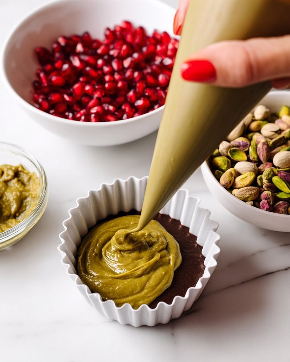 The image shows a stack of three dark chocolate cups on a white marbled surface, each cup with a fluted edge. The bottom cup is solid dark brown with scattered red pomegranate seeds and green chopped pistachios on top. The middle cup mirrors this, supporting the top cup, which is cut open to reveal a thick, creamy golden-yellow pistachio filling inside. The top layer also displays red pomegranate seeds and green pistachios embedded in the chocolate rim, with some seeds and nuts scattered around the base on the surface. In the background, blurred jars of pomegranate seeds and chocolate pieces add depth. Photo taken with an iphone --ar 4:5 --v 7