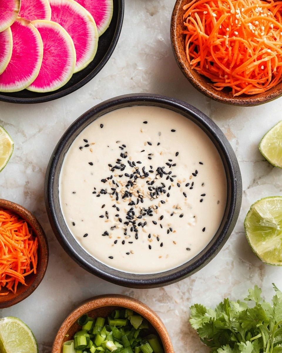 In the center of the image, there is a black bowl filled with a smooth, creamy white sauce sprinkled with small black sesame seeds. Surrounding this bowl, there are four smaller bowls and some loose ingredients placed on a white marbled surface. To the top left, a black plate holds several bright pink and white slices of watermelon radish. Above the creamy sauce on the right side, a wooden bowl contains shredded orange carrot and chopped green onions. Below the creamy bowl to the left, there is a black bowl filled with more shredded orange carrot, and next to it, there is a small wooden bowl with chopped green onions. On the right side near the bottom, there are fresh green leaves and a halved lime. The colors are vibrant, contrasting well with the white marbled background. Photo taken with an iphone --ar 4:5 --v 7