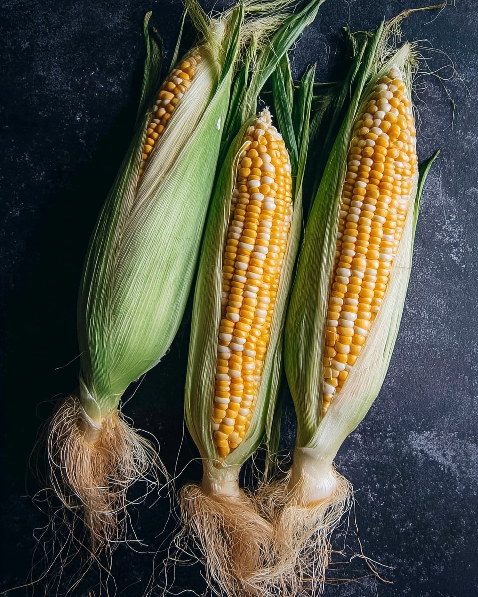 Three ears of corn with green husks partially peeled back showing bright yellow kernels, lying together with long silky corn threads and fibrous ends visible, all placed on a dark textured surface changed to a white marbled texture. The corn's layers include pale green outer husks, light green inner leaves, soft beige silk strands, and smooth, bright yellow kernels arranged in neat rows. Photo taken with an iphone --ar 4:5 --v 7