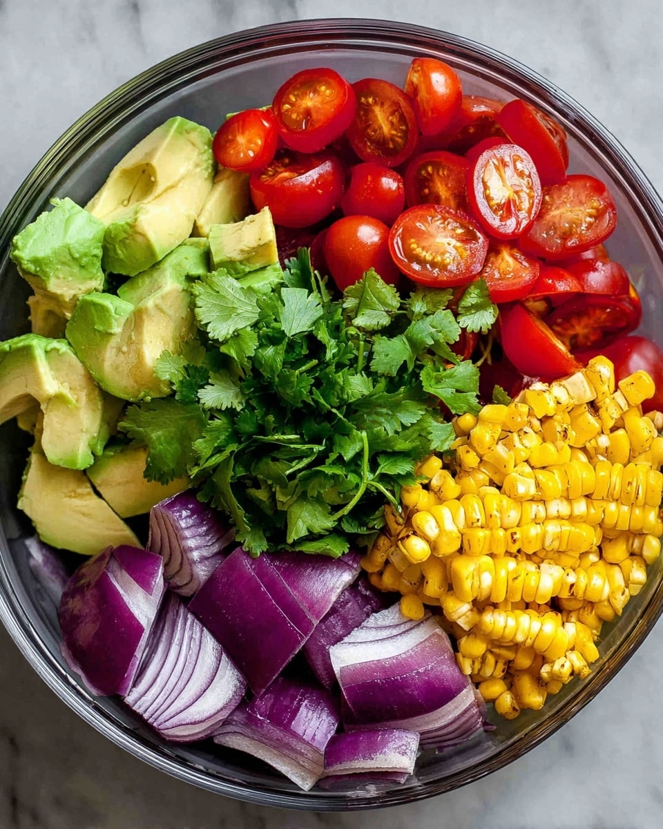 The image shows a colorful salad on a big round white plate placed on a white marbled surface with a gray and white cloth underneath. The salad has many layers including bright yellow grilled corn pieces with char marks, red cherry tomato halves, chunks of creamy green avocado, and thick wedges of purple onion. There are also small green cilantro leaves scattered on top. A woman's hand is holding a gold spoon that lifts a mix of all these colorful ingredients. In the background, there are small bowls with green herbs and coarse ground salt. The photo taken with an iphone --ar 4:5 --v 7